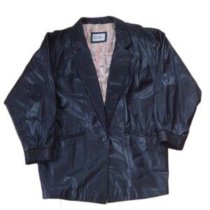 Vintage The Leather Warehouse Black Leather Blazer with Animal Print Trim Size 6